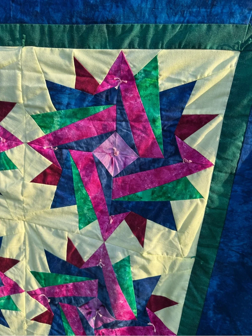 Handmade Tie Lap Quilt Pinwheel Starburst Colorful Blue Throw Grandmacore Rustic